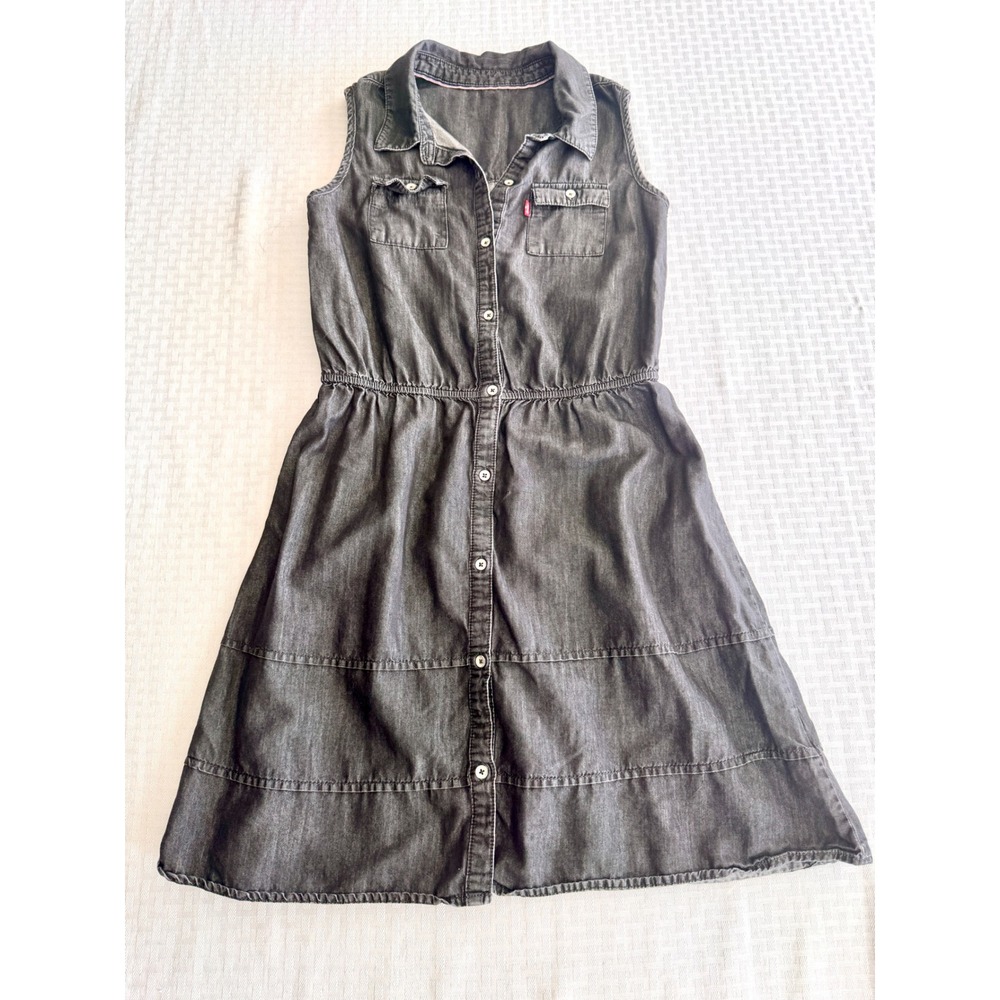 Levis Girls Black Denim Sleeveless Shirt Dress Tiered Button Front Size L 12-13
